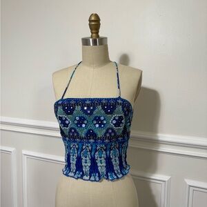 Zara Blue and White Patterned Crop Top